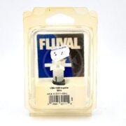 The image shows a FLUVAL IMPELLER 1/204 1/205 with straight blades in its original packaging, set against a blue background. The white impeller displays the Aquatics Unlimited label and a barcode below, though the packaging shows slight wear.