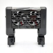 The SEASIDE AQUATICS COOLING FAN, with a sleek black plastic design, features versatile DC-12V dual fans behind a grille for warming and cooling. Adjustable mounting brackets make it perfect for desk or vehicle use, ideal for seaside aquatics enthusiasts needing quick adjustments on the go.