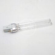 The UV BULB 9W AQUATOP, POND MAX, SUN SUN, GRECH features two clear parallel tubes on a white two-pin base, emitting bright light on a plain white background.