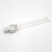 A 13W Aquatop UV Bulb, part of the Pond Max, Sun Sun, and Grech line, with a clear double-tube design, gray plastic base, and two metal prongs lies on a white background.