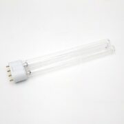 The UV BULB 18W AQUATOP, suitable for POND MAX, SUN SUN, and GRECH setups, features a clear double-tube design with four gold pins on a white base and is set elegantly against a plain white background.