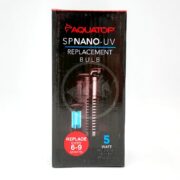 The AQUATOP UV BULB 5 W SP NANO packaging has a sleek black design with vibrant red and blue text, emphasizes its 5-watt capacity, recommends replacing every 6-9 months, and features an image of the bulb on the front.