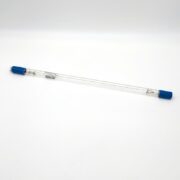 A long, slender glass tube labeled AQUA UV 57W UV STERILIZER LAMP rests horizontally on a plain white background, with its ends capped in blue.