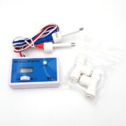 The DUAL INLINE TDS MONITOR comes with a compact digital display, colored wires, two labeled sensors (IN and OUT), and includes white plumbing connectors in a plastic bag.
