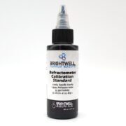 A 60 mL bottle of Brightwell Refractometer Calibration Standard with a black cap, labeled with specific gravity, refractive index, and salinity information—ideal for precise calibration.