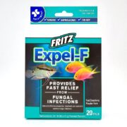 FRITZ EXPEL-F FUNGAL MEDICATION POWDER PACKETS box displays vivid fish images and text on quick relief and efficacy for freshwater and saltwater infections; includes 20 packets for efficient fungal treatment.