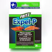 Image of a FRITZ EXPEL P PARASITE MEDICATION POWDER PACKETS box for aquarium fish, featuring two fish images and treating parasitic diseases like nematodes. Contains 20 packets suitable for both freshwater and saltwater.