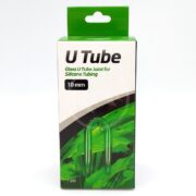 The Seachem Glass U Tube 10 mms packaging, a green box with white accents, showcases the U-shaped tube and a leafy motif, and is designed for silicone tubing. It contains one unit.