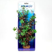 The AQUALIFE RED BACOPA PLANT 14 PP1728 features green and red Bacopa leaves in a decorative blue and white package. With a textured brown base, its perfect for enhancing any fish tank setup.