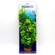 The AQUALIFE GREEN BACOPA PLANT is an artificial aquarium plant featuring small, round green leaves with light yellow accents. Its rooted in a small base and comes displayed against a backdrop with fish silhouettes.