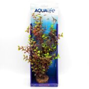 The AQUALIFE RED LUDWIGIA PLANT features green and reddish leaves in a pot, presented in blue and white Fluval Aqualife packaging with an aquatic background and fish illustrations.