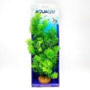 The AQUALIFE Green Limnophil Plant 14 PP1730 has vibrant foliage, comes in blue packaging with prominent AQUALife branding at the top, and features a sandy base, making it perfect for any aquarium.