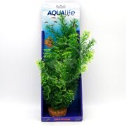 The AQUALIFE WHITE TIPPED LIMNOPHIL 14 PP1727 package features a vibrant green artificial plant set against a blue backdrop with fish images and playful bubbles, creating an underwater ambiance with its limnophil-inspired design.