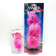 The image displays two packaged aquarium plant decorations, including a 12-inch MARINA VIBRASCAPER FOXTAIL PINK AND WHITE and a smaller similar Marina Betta plant, both with foxtail-inspired designs.