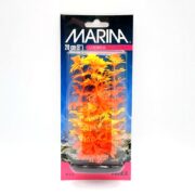 The MARINA VIBRASCAPER AMBULIA ORANGE AND YELLOW packaging reveals a vibrant orange and yellow plant measuring 20 cm (8 inches) tall. It features a striking blue and pink gradient with a transparent window, showcasing the artificial aquarium plant effectively.