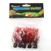 The UT RED BROWN MINI PLANT 5 PK features vibrant red artificial plants in a clear plastic bag. The label shows a colorful underwater scene, noting it as part of the mini plant 5 pack, with blue and green text at the top.