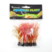 The UT SEA GRASS MINI PLANT 5 PK includes artificial red and green leaves that mimic ut sea grass. The clear plastic packaging with a black top displays plant images and the blue and green product name, making it a perfect addition to your tank!.