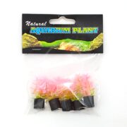The UT PINK GREEN MINI PLANT 5 PK has pink plastic aquarium plants with green accents in small black pots, packaged in a clear bag labeled Natural Aquarium Plant featuring a rocky underwater scene.