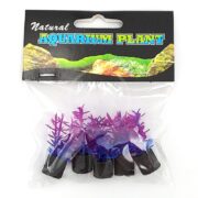 A five-pack of UT Violet Mini Plants features vibrant blue and violet leaves on black bases, packaged in a clear plastic bag. Each mini plant has a header card labeled Natural Aquarium Plant.