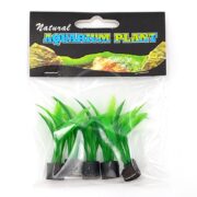 The clear packaging showcases the UT SWORD MINI PLANT 5 PK, featuring five artificial green aquarium plants with sturdy black bases and a colorful label, perfect for enhancing any aquatic environment.