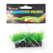 The UT GREEN GRASS MINI PLANT 5 PK includes five artificial green aquarium plants with black bases, featuring a fish tank background. This set is perfect for enhancing any setup with its lush, vibrant mini plant realism.