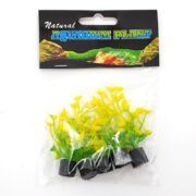The UT YELLOW GREEN MINI PLANT 5 PK includes small plastic aquarium plants with realistic yellow and green foliage, each with a weighted black base, all packaged neatly in a clear bag with a labeled cardboard header.