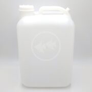 The 5 GALLON EMPTY WATER CARBOY W/CAPS is a white, rectangular plastic jerrycan with a top handle and closed spout. It features an embossed circle with two stylized fish and is ideal for storing water.