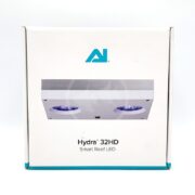 The AI HYDRA REEF HD LED BLACK box features a stunning image of the light fixture, predominantly white with contrasting blue and black text, alongside a sleek blue logo, embodying the advanced technology of reef illumination.