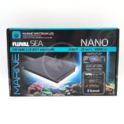 The FLUVAL SEA NANO LED LIGHT packaging features design for nano and desktop aquariums, detailing 25000K, 20 Watts, and 50000 hours of illumination controllable via the Fluval Smart App with Bluetooth. Additionally, an image of the light accompanies a vibrant coral reef depiction.