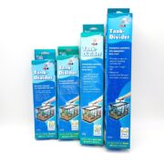 Penn-Plax Aqua Life Tank Dividers, in three sizes, are displayed on a white background with aquarium images. The packaging emphasizes features such as splitting one aquarium into two and enhancing filtration and circulation.