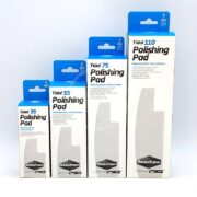 Four SEACHEM TIDAL POLISHING PAD 2 PACK boxes, labeled Tidal 35, 55, 75, and 110, are arranged in ascending order by size. The white boxes with blue accents stand out against the plain white backdrop.