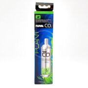 A tall rectangular box showcases a green and blue design with a silver CO2 cartridge image. The text reads FLUVAL CO2 CARTRIDGE 3.3 OZ 1 PK, containing Fluval CO2 cartridges designed for aquarium plants, detailing 95 g (3.3 oz) in the single pack.
