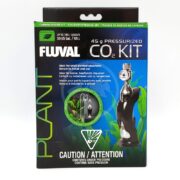 Packaging for the FLUVAL CO2 KIT 1.6 OZ, ideal for planted aquariums up to 30 US gallons (115 liters), displays a product image, multilingual instructions, and emphasizes pressurized contents.