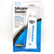 The SEACHEM SILICONE SEALANT 3 OZ comes in blue and clear packaging, highlighting its waterproof and high tensile strength qualities. The tube is marked as containing 100% RTV Silicone Rubber for dependable results.