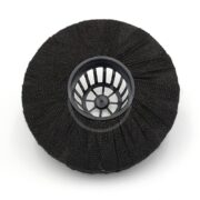 A black circular filter with a mesh outer ring and a plastic grid-like center, viewed from above on a white background.