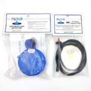 Two myleak products: the MY LEAK ADVANCED LEAK DETECTION KIT with a blue circular device priced at $19.99, and a 3 ft. Sensor Extender Cable featuring a black cable with a red tip priced at $9.99.