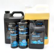 A display showcases several PONDMAX ALGAE STOP LIQUID bottles: two large and two small black bottles, plus one large yellow jug. All are labeled in black and blue, highlighting their effectiveness for easy algae control.