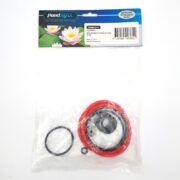 The PONDMAX REPLACEMENT COMPLETE O RING KIT FOR PRESSURE FILTER is neatly packaged in a clear plastic bag with black and red O-rings. Its label, featuring white lotus flowers on a green background, facilitates easy identification for your PM2600 replacement needs.
