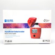 Box of the HANNA MARINE CALCIUM CHECKER for measuring ppm by Hanna Instruments, in white packaging with device images showing 430 ppm, aquarium reef graphics, key features, and the Marine Line logo.