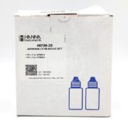A white box labeled HANNA AMMONIA LOW RANGE REAGENTS (HI700-25) contains ammonia reagents, depicted with two blue-iconed bottles. It includes a QR code and detailed product information, suitable for laboratory and industrial use.