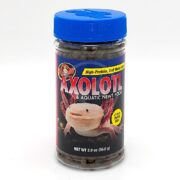 A plastic jar with a blue lid labeled Axolotl & Aquatic Newt Food featuring an image of an axolotl. The jar contains 2 oz (56.6 g) of high-protein, soft moist pellets, suitable for amphibians.