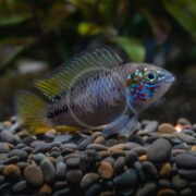A vibrant CICHLID - APISTOGRAMMA BORELLI swims above smooth, multicolored pebbles in an aquarium, displaying striking blue, red, green, and yellow hues on its raised fins against a blurred backdrop of aquatic plants.