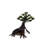 A small, stylized MOSS - BONSAI TREE sculpture with a twisted dark brown trunk and roots, topped with vibrant green foliage resembling the lush beauty of MOSS Vesicularia sp., rests on a white background.