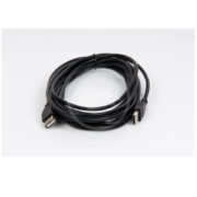 A NEPTUNE AQUABUS EXTENSION CABLE 15 FT MALE FEMALE ABUS15EXT, coiled and black, with male and female connectors, sits on a pristine white surface.