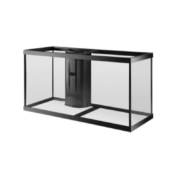 The Aqueon Glass Aquarium with Overflow features a sleek black frame and central column. This rectangular display, set against a plain white background, is ready to house aquatic wonders.