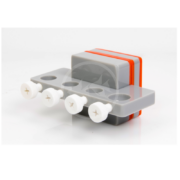 The NEPTUNE MAGNETIC PROBE RACK MPR is a gray plastic component with three holes, red rubber bands, and four white screws. It sits on a reflective white surface, highlighting its sleek design.