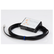 The compact black Solid-Surface Leak Detection Probe, part of Neptune Systems LEAK DETECTION KIT LDK, includes a cable with an Ethernet-like connector coiled neatly beside it and is shown resting on a white background.