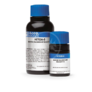 Two bottles of HANNA MARINE MAGNESIUM REAGENTS from Hanna Instruments are side by side. The larger bottle is labeled HI783A-0, and the smaller one is HI783B-0. Both labels highlight precision and quality in marine solutions.