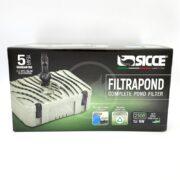 A black and green box displaying a SICCE Filtrapond Complete Pond Filter for ponds up to 2500 liters, with a 5-year guarantee, 9W power, and image of the filter on the front.