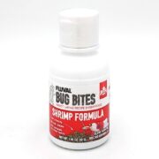 A white bottle of Fluval Bug Bites Shrimp Formula, insect larvae recipe shrimp food, with red and white labeling and images of shrimp and a Canadian flag on the front.